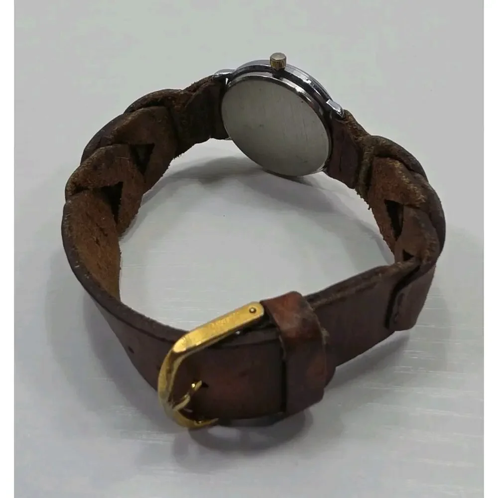 Moulin Quartz Moon Phase Watch Pearl Round Face Brown Band Stars New Battery 280